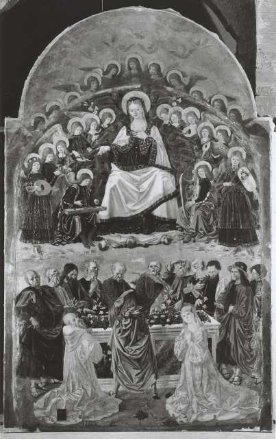 Fototeca della Soprintendenza per i Beni Architettonici e per il Paesaggio, per il Patrimonio Storico, Artistico ed Etnoantropologico della Provincia di Arezzo — Dei Pietro (Bartolomeo della Gatta) - sec. XV - Assunzione della Madonna con san Benedetto e santa Scolastica — insieme